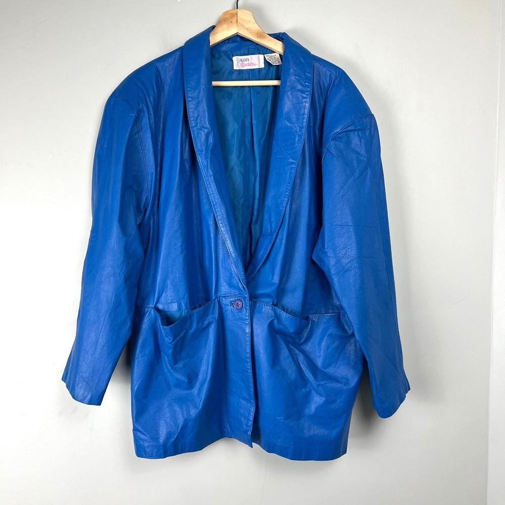 Vtg Electric Blue Leather Blazer Jacket Womens M 80s Power Suit Phoebe 90s Bold